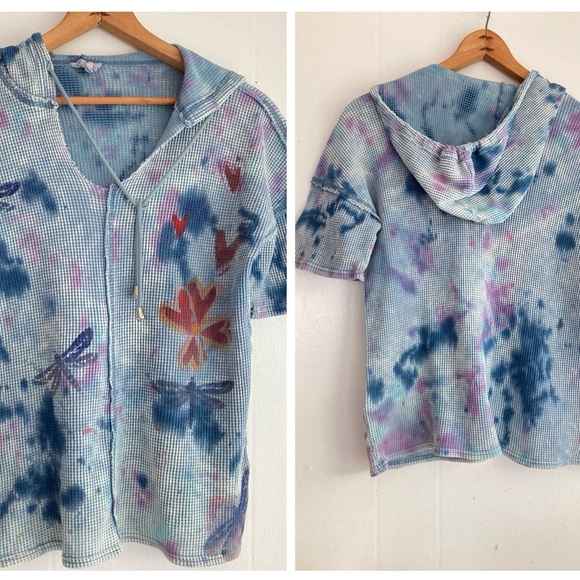 Upcycled Thermal Hoodie Top Art To Wear Pullover Hand Dyed Painted Boho Hippie S - Picture 1 of 7